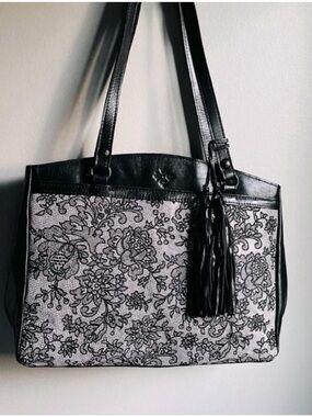 Patricia Nash Chantilly Lace Poppy Tote Genuine Leather Black and White